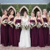 Bridemaids vestidos uva roxo marrom longo barato de alta qualidade vestidos de dama de honra ruched chiffon chão comprimento querida sem mangas