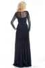 2019 Top Selling Elegant Navy Blue Mother of The Bride Dresses Chiffon See-Through Long Sleeve Sheer Neck Appliques Sequins Evenin245w