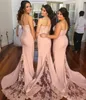 Dusty Pink Spaghetti Bridesmaid Dresses For Wedding 2016 Lace Top Mermaid Sweep Train Formal Party Dresses For Women Custom Made