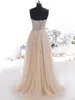 Goedkope champagne avondjurken lieverd sexy backless lovertjes kralen echte foto lace-up rugvloer lengte lange partij Prom jassen