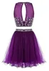 Impressionante Curto Dois Peça Prom Vestido Preto Roxo Tulle Homecoming Vestido Keyhole Vestido Zíper Beads Cristais Vestidos De Festa