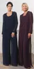 Modest 2016 Navy Blue Grape Chiffon Long Mother Of The Bride Pant Suits With Long Sleeve Jacket Cheap Beads Formal Suits Custom-Made EN8017