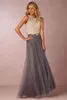 2020 Vintage två bitar Crop Top Bridesmaid Dresses Tulle Ruched Golvlängd Blush Mint Grå Brudtärna Klänningar Lace Bröllopsfestklänningar