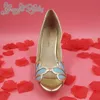 Blush Wedding Shoes Scallop Heel Peep Toe Bridal Sandal Pumps PU Läder 3 "Kattunge Heels Stilettos Blue Bridal Shoe Slip-On Pumps for Women