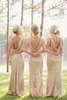 Champagne Gold Sequins Mermaid Bridesmaid платья 2018 с коротким рукавом без спинки длинные пляжные свадьбы платья быстрая доставка