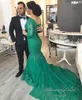 2016 Winter Green Mermaid Prom Dresses V Neck 34 Long Sleeves Appliques Lace Tulle Corset Arbaic Plus Size Evening Gowns Formal D7415205