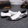 man luxury leather shoes Pointed Steel Toe Rivets White Black Man Wedding/Business/Party Shoes Personality