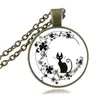 Chat noir dans la fleur collier de lune Crescent lune Pendentif mignon bijoux animal en verre cabochon en argent bronze chaîne déclaration collier pour femme