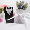 100 sztuk (50 pairs) Europejski Styl Tuxedo Dress Bride Groom Wedding Favors Candy Boxes Bomboniera Party Pudełka z wstążkami LZ0082