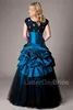 Royal Blue Black Long Ball Gown Modest Prom Dresses met Cap Mouwen Vintage Korte Mouwen Taffeta Seniors Puffy Prom Party Jurken