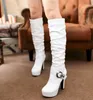 Плюс размер 34 40 41 42 43 Sexy White Wedding Boots Black PU кожа Морщины платформы коренастый пятки над коленом Boots Женщины Зимняя обувь