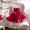 Elegante ragazza abiti estivi 2016 chiffon rosso ragazze festa nuziale compleanno vestito ragazza battesimo abiti con grande fiocco 6 m-12 anni