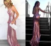 Rose Roze Sequin Avondjurken Elegante V-hals Spaghetti Applicaties Criss Cross Back Sexy backless Avondjurken Mermaid Prom Dresses