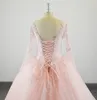 Pink Color Ball Gown Evening Dresses Real Appliques Beading Sexy Long Sleeves Backless Quinceanera Dresses Dress Prom Pageant Debutante Gown