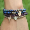 Wholesale 6mm Blue Sea Sediment Imperial Stone with Micro Inlay Zircons Fatima Hand Hamsa Pendant Bracelets Exquisite Girl Gift