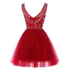 Dark Red Homecoming Dresses A Line Illusion Bateau Neck Koraliki Bez Rękawów Koraliki Zdobione Najwyższej Krótkiej Prom Dress Tulle Spódnica Zamek