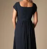 Navy Blue Long Chiffon Modest Bridesmaid Dresses With Cap Sleeves Long Floor A-line Wedding Party Dresses Maids of Honor Dresses