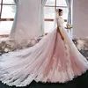 2019 blush vestidos de noiva cor-de-rosa princesa fora do ombro mangas curtas Lace appliqued capela trem vestidos nupciais feitos por china en102514