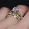 Luxury 14KT yellow gold filled Ring Set 2-in-1 Wedding Band Jewelry For Women 15ct 7*7mm Princess-cut Topaz Gemstone Rings finger