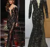 2016 Celebrity Evening Dresses Black Applique with Gold Thread Scoop 3/4 Long Sleeve Mermaid Sweep Train Prom Dresses Real Pictures Dresses