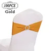 100 Stuhlschärpen, Spandex-Hochzeitsschleifen, goldene Stuhlschärpenbänder, Lycra-Strectch-Stuhlhussenband mit Diamantring für Party-Event 6515598