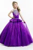 Purple Girl's Pageant Klänningar Sheer Crew Neck Beaded Crystals Ruffles Midja Ball Gown Princess Kids formella klänningar för små tjejer 2016 Ho
