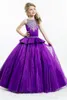 O concurso da menina roxa veste pura tripulação pescoço frisado cristais ruffles cintura vestido de bola princesa crianças formal vestidos para meninas 2016 ho