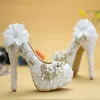 Special Design Wedding Shoes White Pearl High Heel Bride Dress Shoes Lace Flower and Lovely Bear Platform Prom Party Pumps