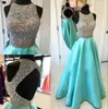 Sparkly Prom Dress Longo Tripulação Pescoço Sem Mangas Aberto Voltar Frisado Lantejoulas Top Floor Length Teal Azul Vestidos de Festa À Noite Custom Made