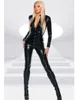 Kvinnor svart faux läder bodysuit sexig långärmad bodycon jumpsuit punk rivet knapp catsuit fetish catwoman cosplay kostym