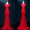 Vestidos chineses vermelhos 2018 Long Cheongsam Estilo Lace Mermaid Slit Corset Ocasiões especiais Vestidos Manga de gola de ganga Vestido de baile barato