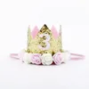 Hot New Gold Baby 1-9st Urodziny Party Crown Crown Sztuczne Różowe i Kremowe White Rose Flowers Tiara Headband Hj152