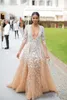 Prom Dresses Zuhair Murad 2017 Deep v Neck Prom Dresses Champagne Color White Lace Appliqu Illusion Long Sleeve Evening Gowns Formal Party Dresses