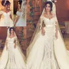 Vintage Overskes vestido de casamento fora do vestido de casamento de laço de sereia de ombro com vestidos de noiva destacáveis ​​feitos sob encomenda