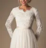 Ivory A-line Beaded Lace Tulle Modest Wedding Dresses With Long Sleeves Scalloped Neck Buttons Up Back Full Sleeves Long Bridal Gowns Modest