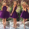 New Arrival Purple Halter Mini Homecoming Dress Tulle Open Back Plus Size A-line Beaded Open Back Short Cocktail Dress