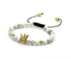 Gros 6mm Blanc Howlite Marbel Sediment Pierre Perles Or et Platine Couronne Tressé CZ Perles Bracelet