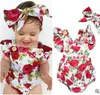 Baby kläder ins blomma romer huvudband flickor blommig print jumpsuits hårband spädbarn sommar overalls toddler mode bodysuits onesies b2878