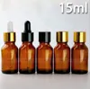 Bottiglie di vetro ambrato da 15 ml con contagocce Flacone di oli essenziali con fiala da 1/2 OZ color ambra con tappo nero / oro Spedizione gratuita