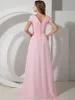 Perline Abiti da damigella d'onore lunghi modesti in chiffon rosa con maniche corte Bottoni scollo sul retro Abiti da damigella d'onore Foto reali Abito da damigella d'onore