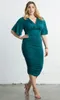 Fashion Plus Size Ruched Evening Dresses With Half Sleeves V-Neck Tea Length Evening Gowns Sheath Empire Waist Short Formal Dress