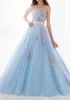 Light Sky Blue Strapless Prom Dresses With Colorful Appliques Beaded Ribbon Sash Lace Up Tiered Back Evening Gown Formal Party Dresses