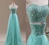 クリスタルロングイブニングドレス恋人ミントチュールAラインゴージャスなビーズスパンコールコルセットPageantガウン2019 Vestidos de Fiestaゴージャス