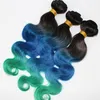 1BBLUETEAL MALAYSIAN OMBRE HÅR BUNDLAR MED 44 BODY WAVE LACE STÄNGNING 3st.