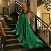 2019 Emerald Green Lace Aplikacje Długie Rękawy Suknia Wieczorowa Linia V Neck Court Train Kobiety Formalne Wieczorowe Party Dress Suknie Royal Blue