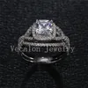 Vecalon 2016新しいデザインクッションカット3ctシミュレートされたダイヤモンドCZの結婚指輪セット女性10ktホワイトゴールド充填エンゲージャーバンド