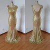 Sexy Sequin Pronm Evening Dresses Bateau Neckline Mermaid Low Cut Back Sweep Train Sparkly Gold Girls Party Dresses
