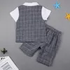 2017 sommer Kinder Anzug Jungen Plaid Gentleman bogen Gefälschte zwei stücke kurzarm Tops T-shirts + Plaid Shorts 2 Stück Sets Baby Kinder Kleidung