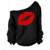 Wholesale-NEW 2016 New Design Red Lip Pattern Oblique Shoulder Sexy Long Sleeve Shirt S M L XL