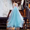 라이트 스카이 블루 하프 슬리브 웨딩 드레스 2017 레이스 비즈 Sheer Neck Beach Bridal Gowns Tulle 스윕 기차 섹시한 백리스 웨딩 드레스